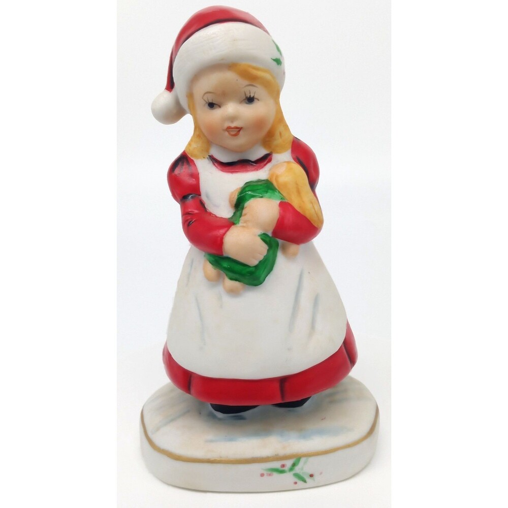 Enesco Christmas Girl Ceramic Figurine Santa Hat Holding Doll Taiwan Vintage